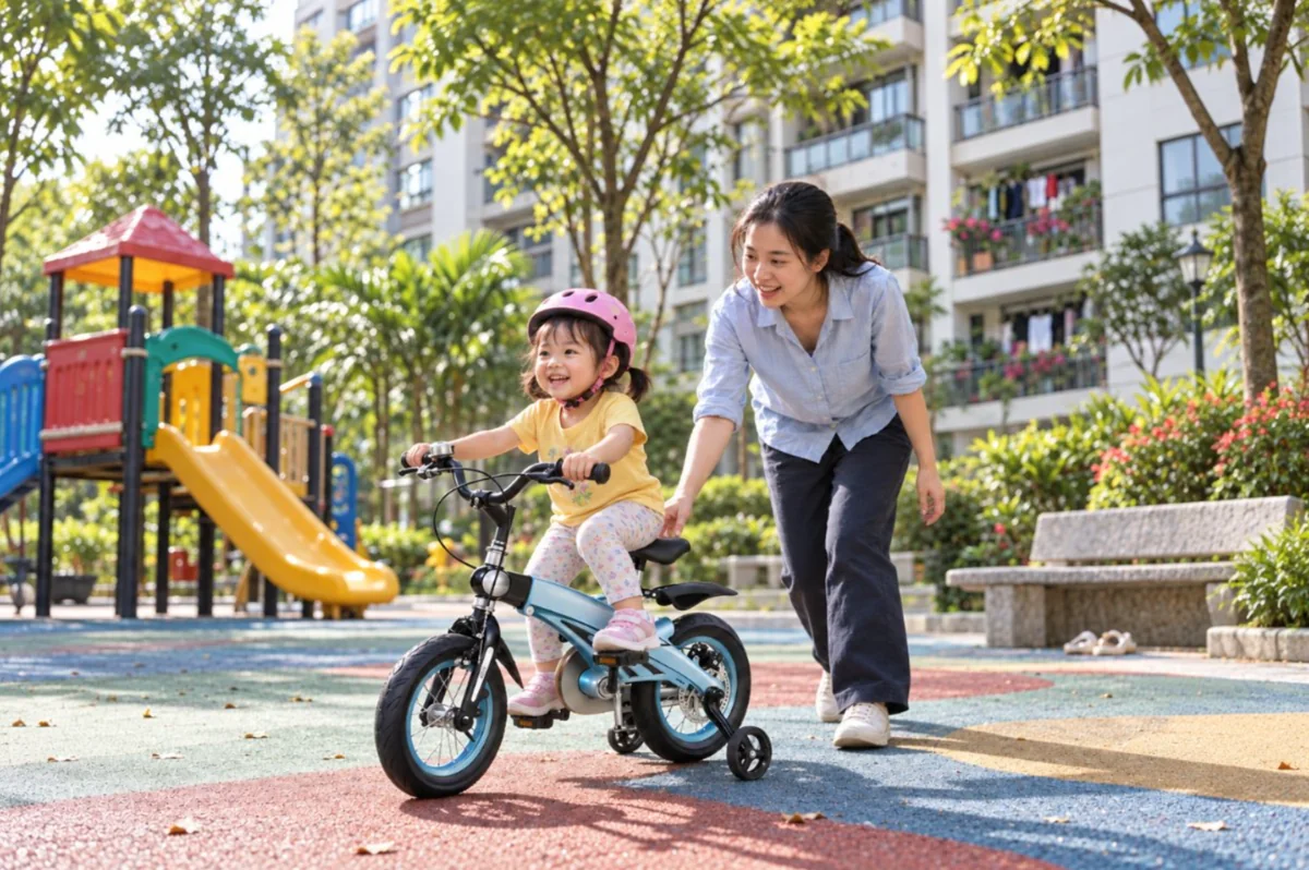 Bé gái 2 tuổi đội mũ bảo hiểm tập đạp xe Jianer S1 12 inch